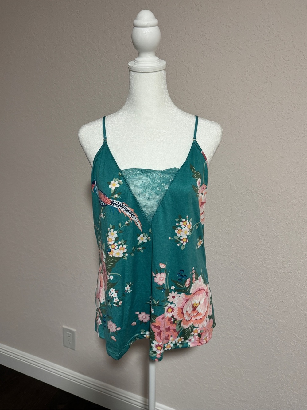 Flora Nikrooz Teal Floral & Bird Lace-Trim Camisole